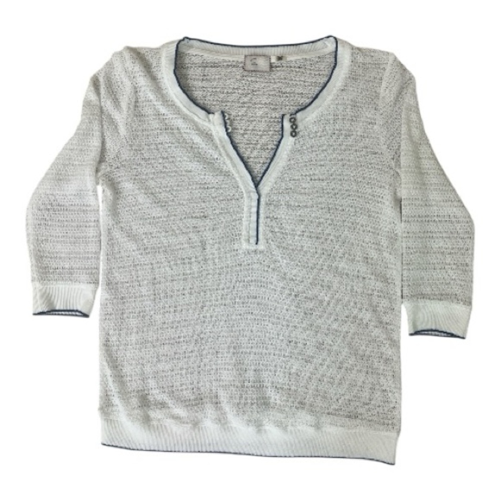Anthropologie Postmark White V-Neck Knit Top with Navy Trim